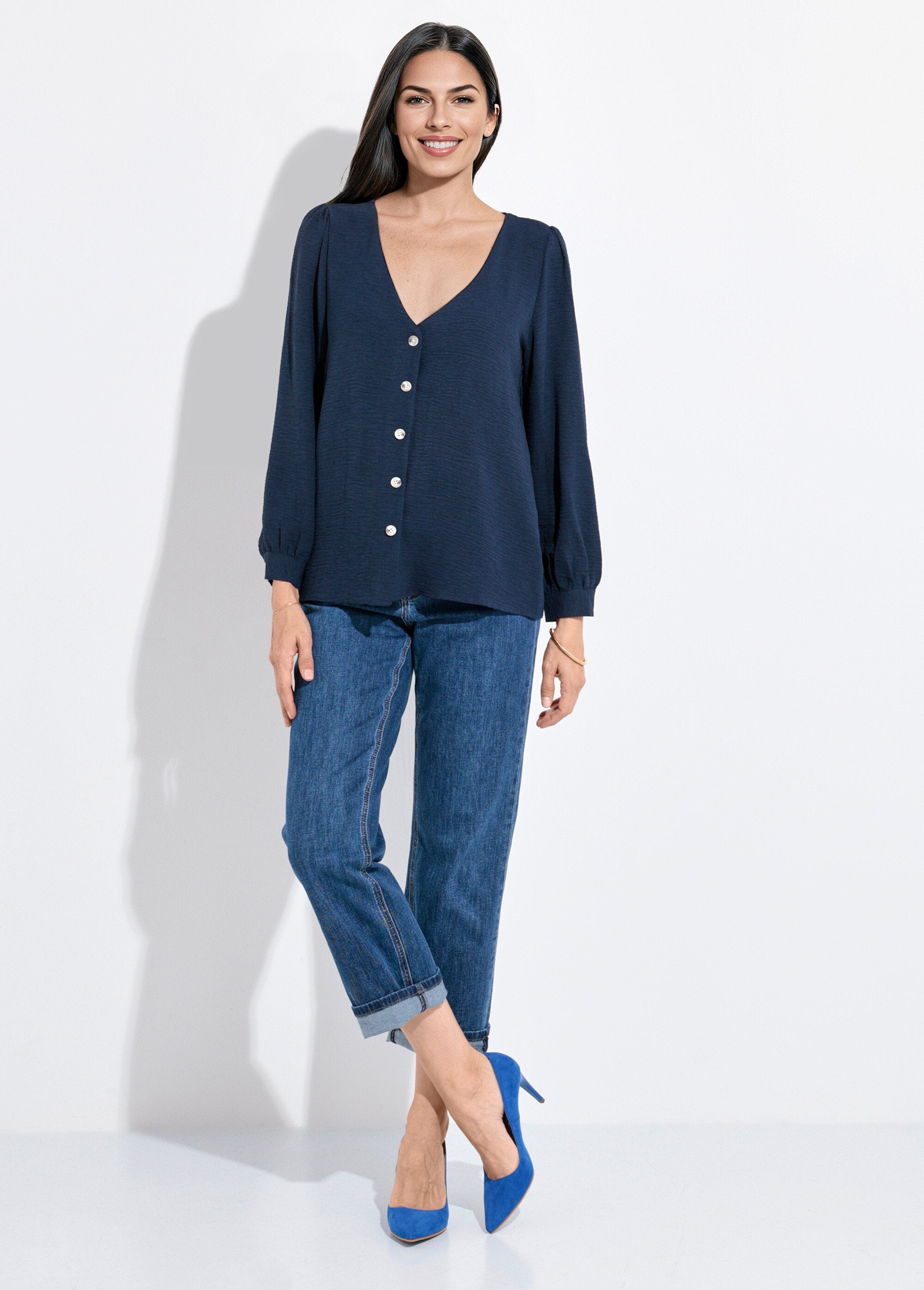 Buttoned,_embossed_tunic_with_V-neck_Marine_SF1_slim