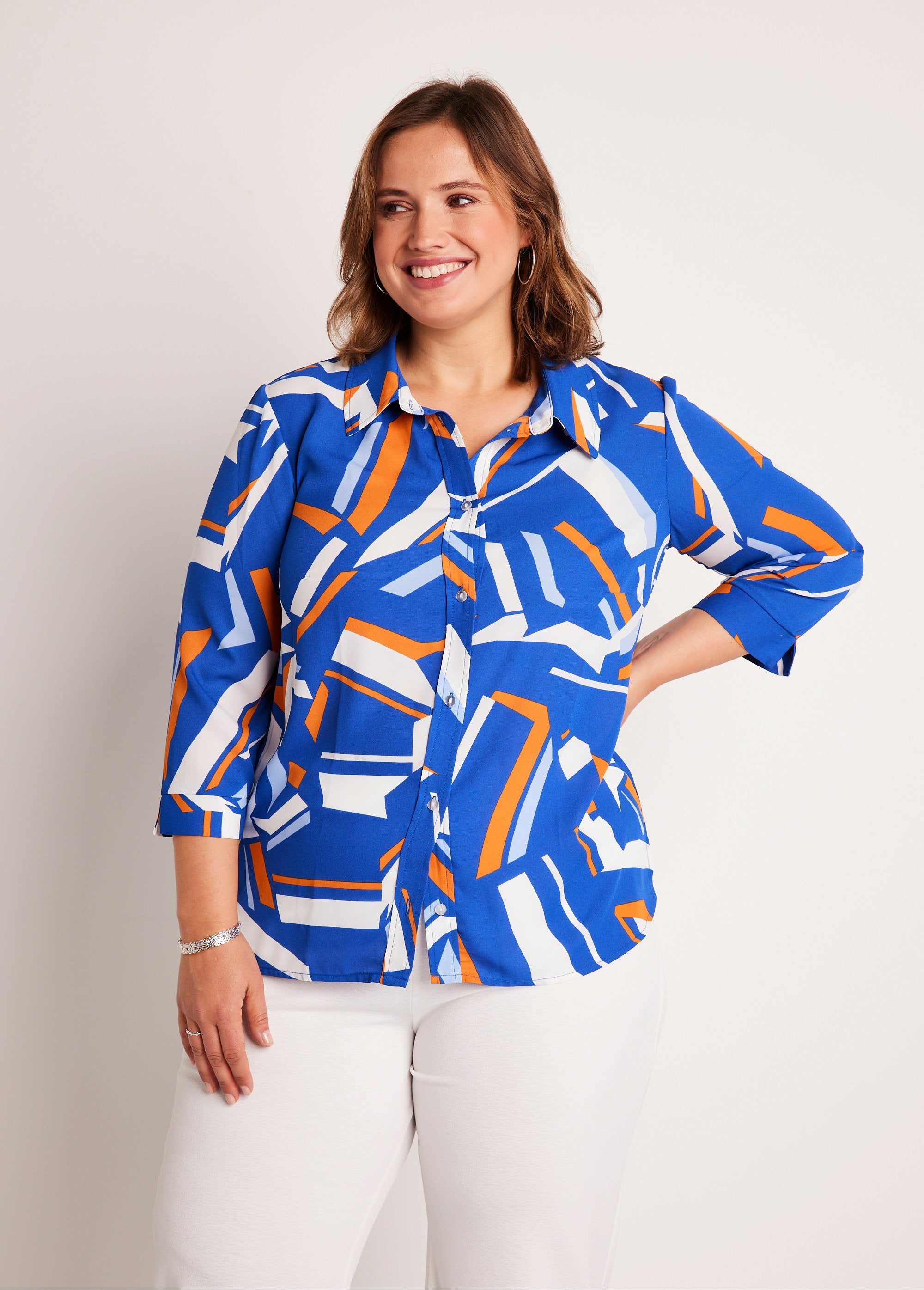 Straight_graphic_blouse_with_3/4_sleeves_Orange_Imp_FA1_curvy