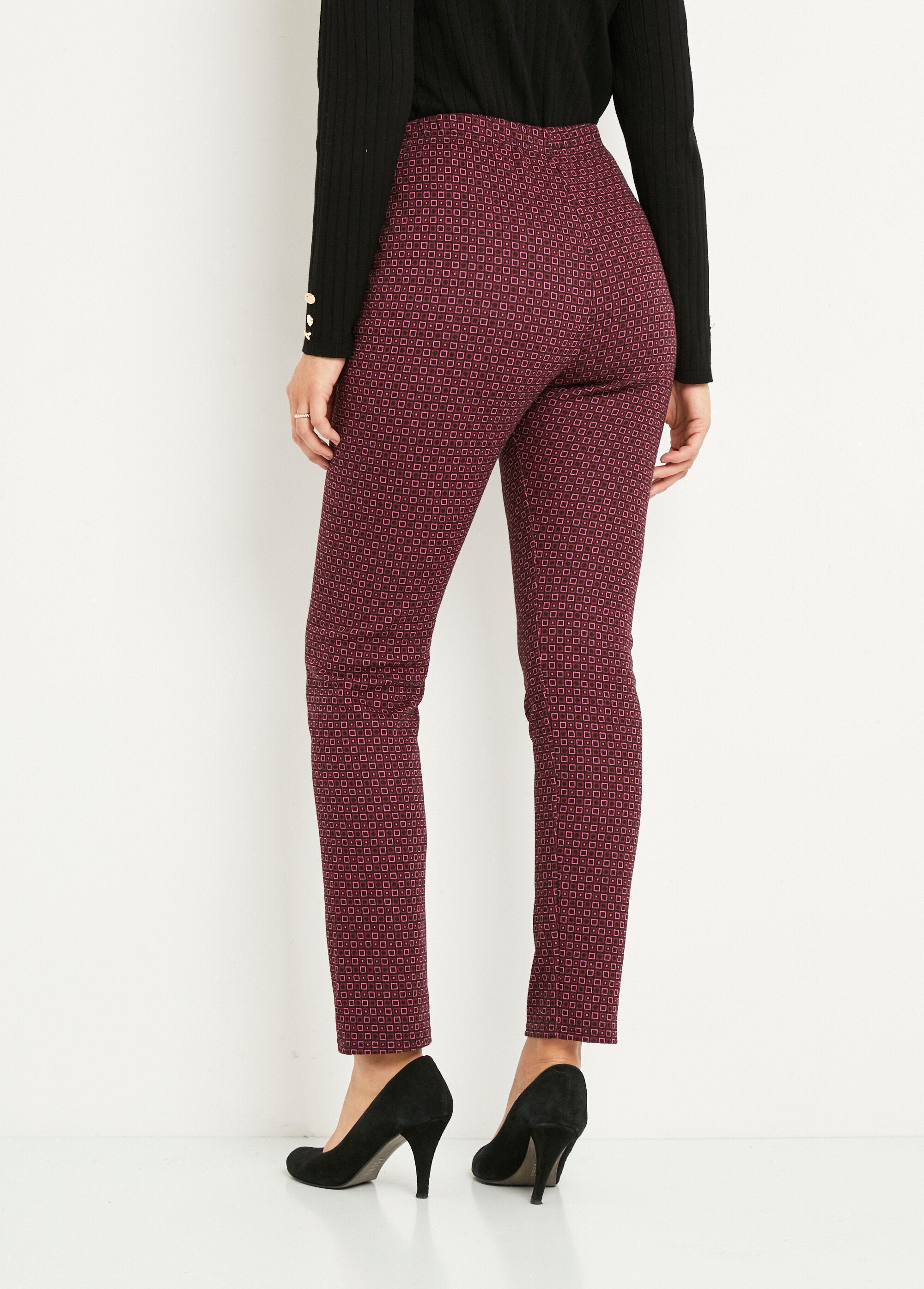 Pantalon_droit_fuselé_taille_élastiquée_jacquard_Rose_et_noir_DO1_slim