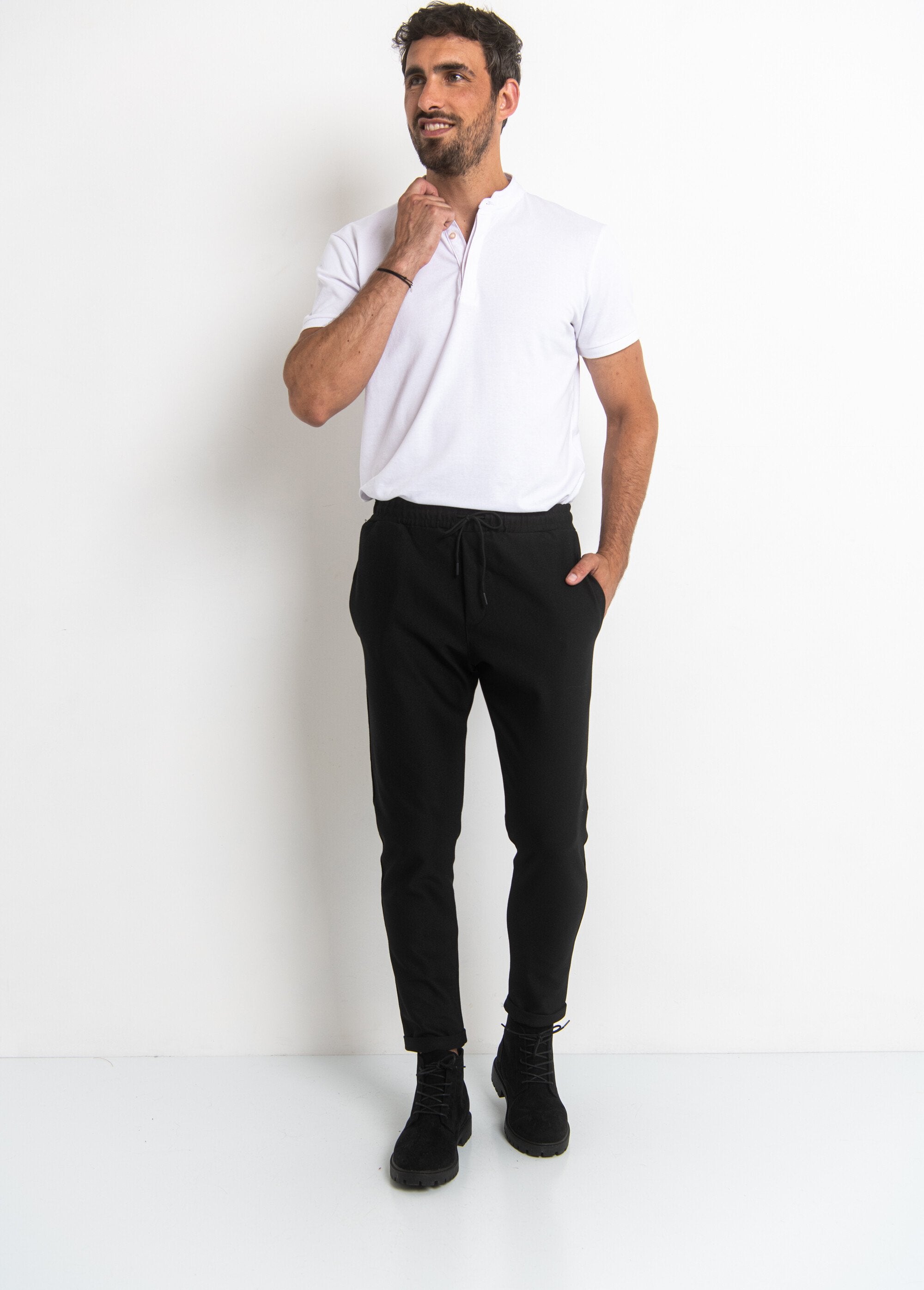 Piqué_knit_pants,_fitted_shape_Black_SF1_slim