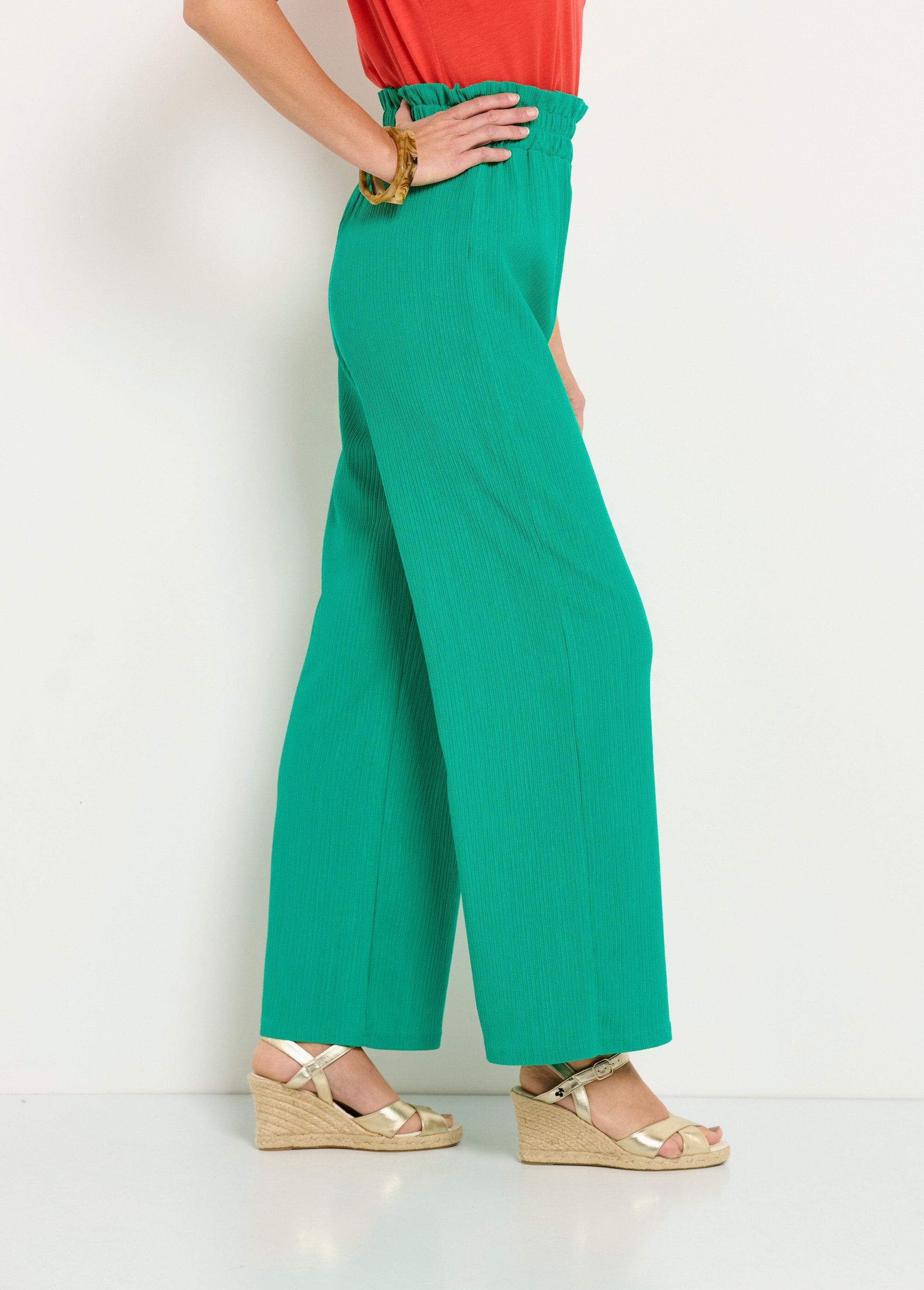 Pantalon_vert_large_taille_élastiquée_maille_relief_Vert_DR1_slim