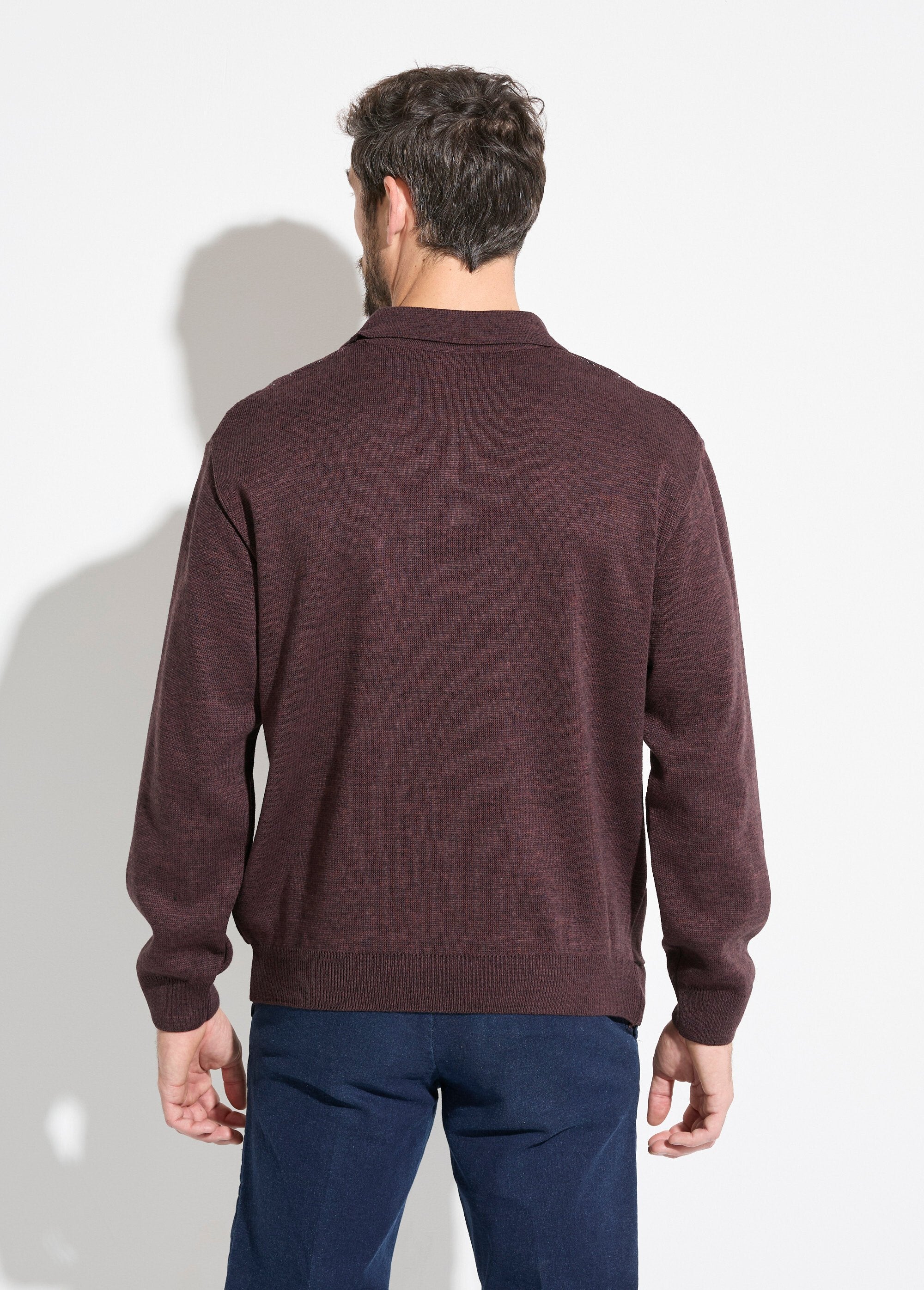 Pull_col_polo_boutonné_jacquard_manches_longues_laine_Bordeaux_DO1_slim