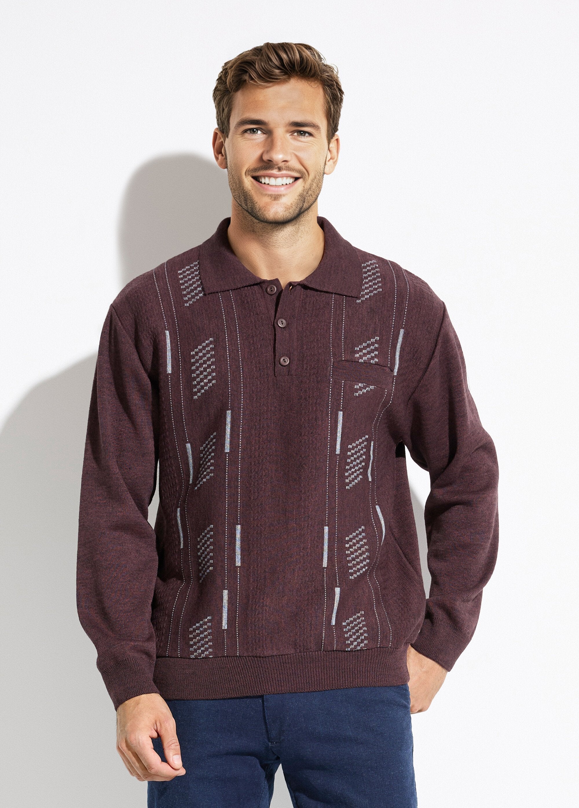 Pull_col_polo_boutonné_jacquard_manches_longues_laine_Bordeaux_FA1_slim