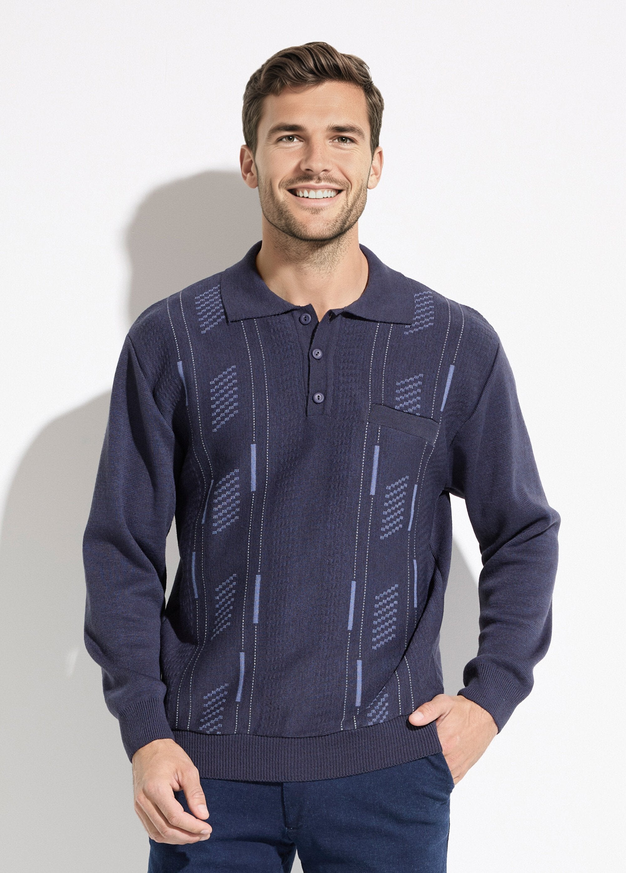 Pull_col_polo_boutonné_jacquard_manches_longues_laine_Marine_FA1_slim