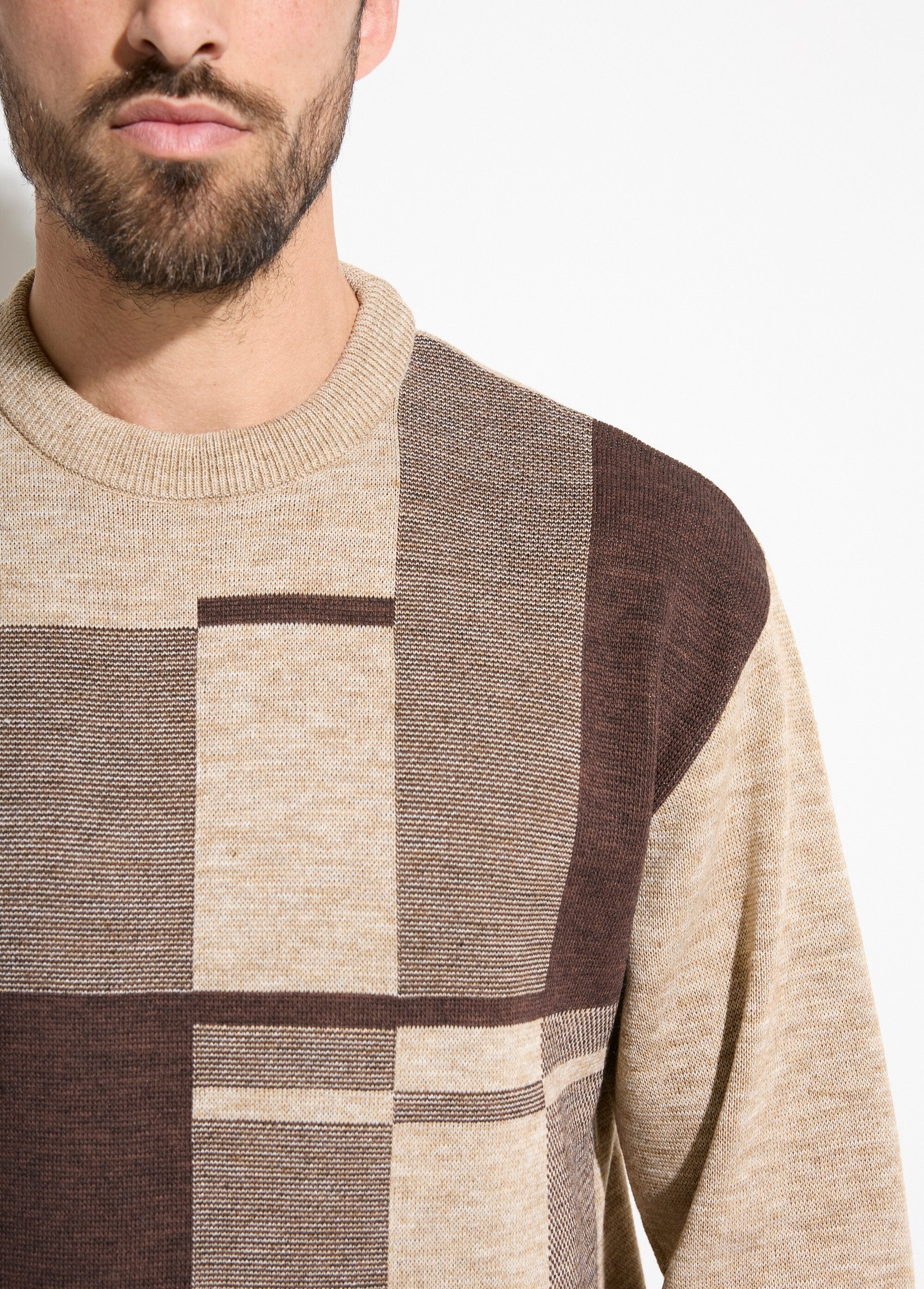 Pull_col_rond_jacquard_manches_longues_laine_Beige_DE1_slim