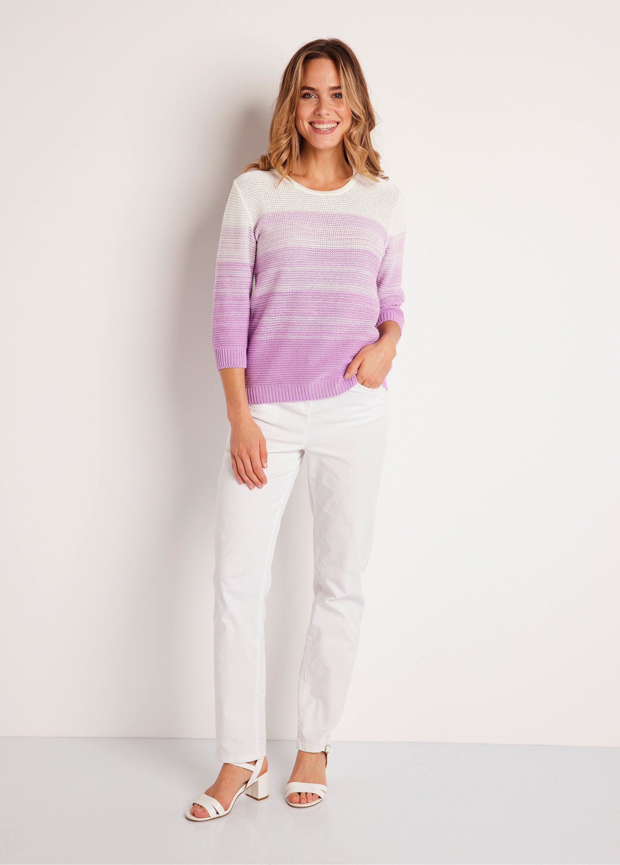 Soft_3/4_sleeve_cotton_sweater_White_and_purple_SF1_slim