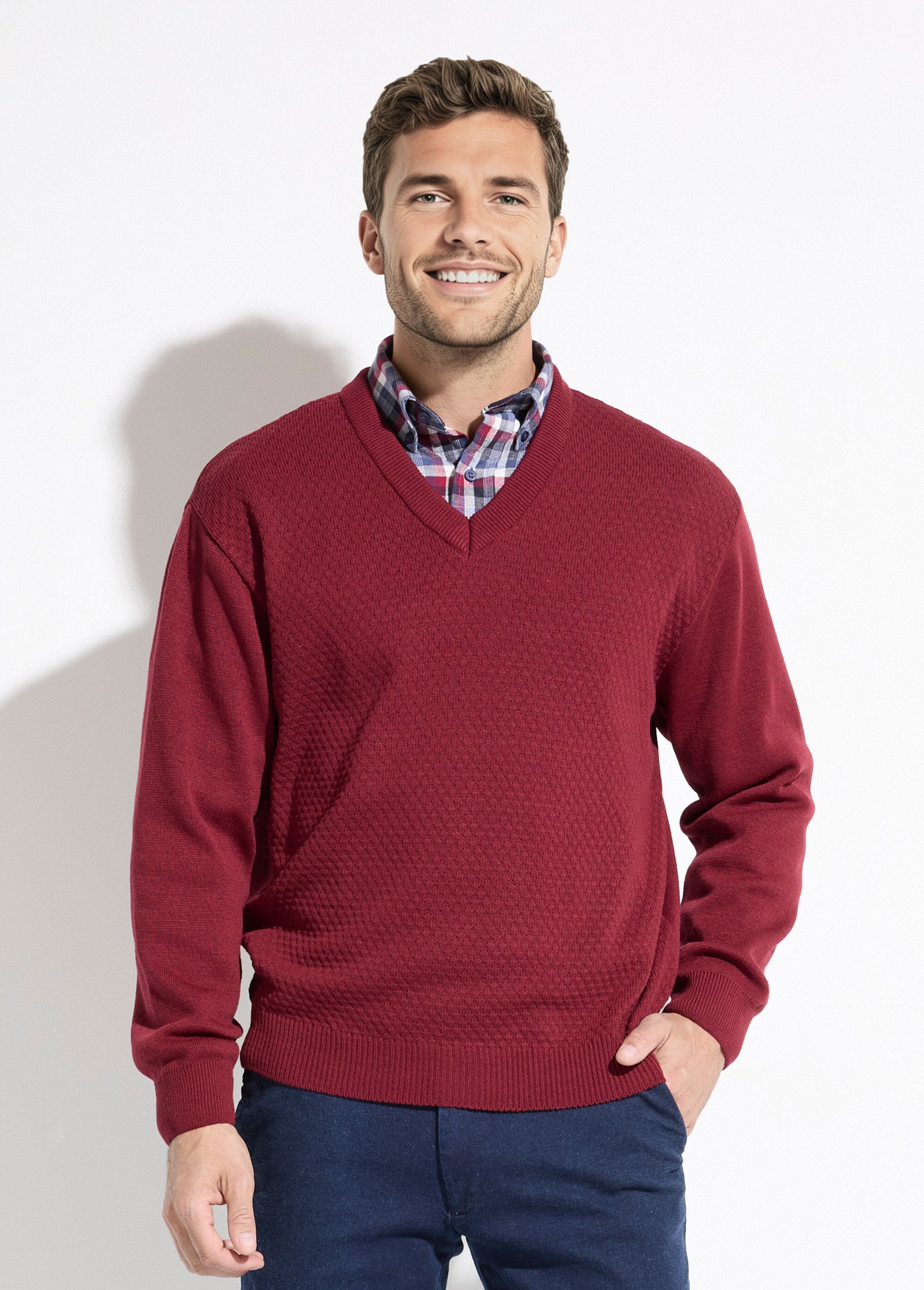 Pull_maille_fantaisie_laine_col_V_manches_longues_Bordeaux_FA1_slim
