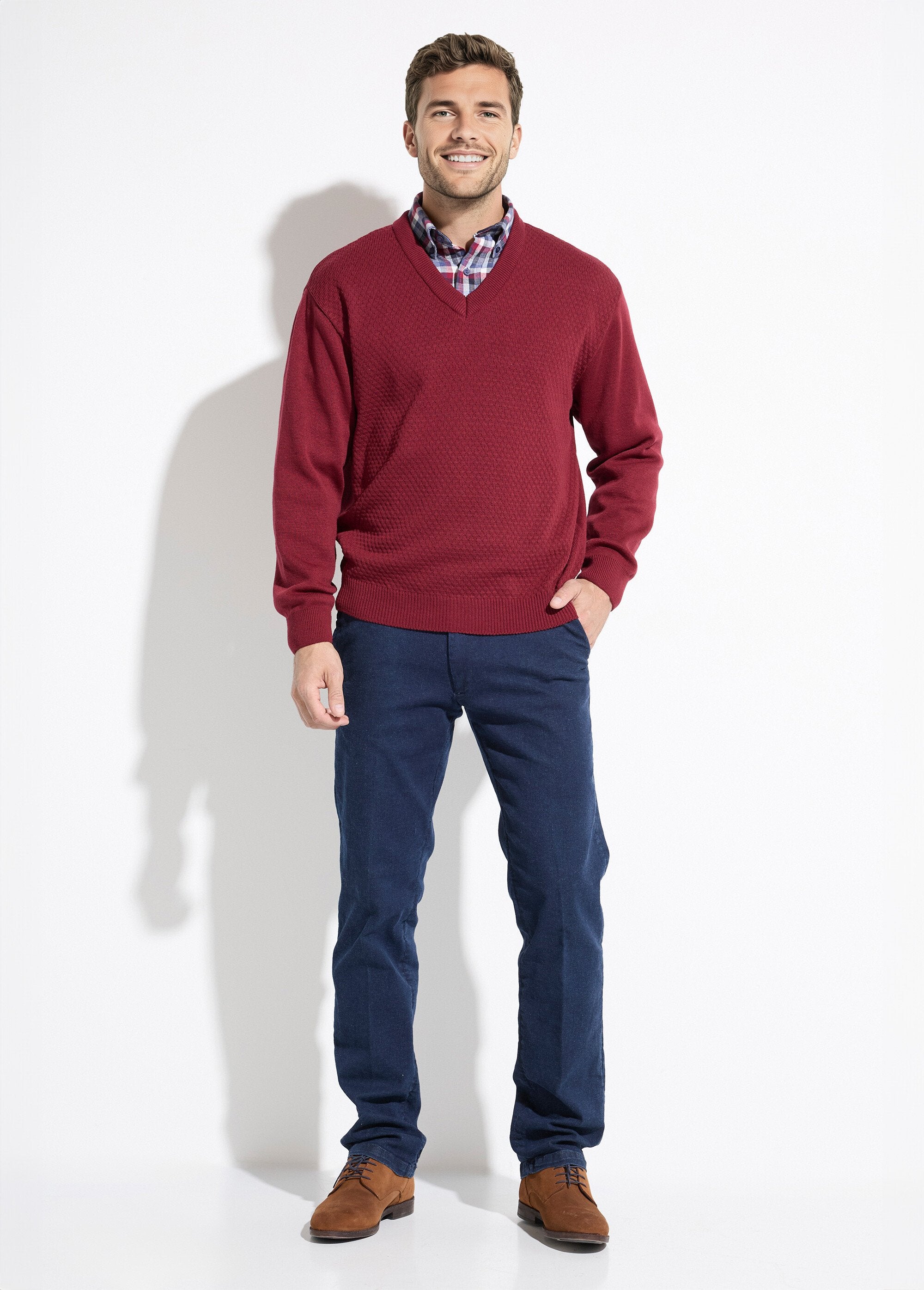 Pull_maille_fantaisie_laine_col_V_manches_longues_Bordeaux_SF1_slim
