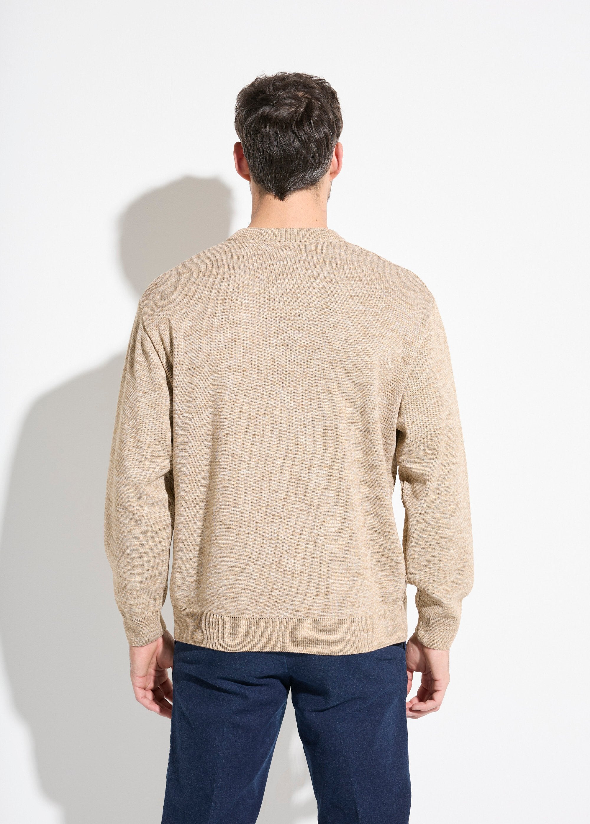 Pull_maille_fantaisie_laine_col_V_manches_longues_Beige_DO1_slim