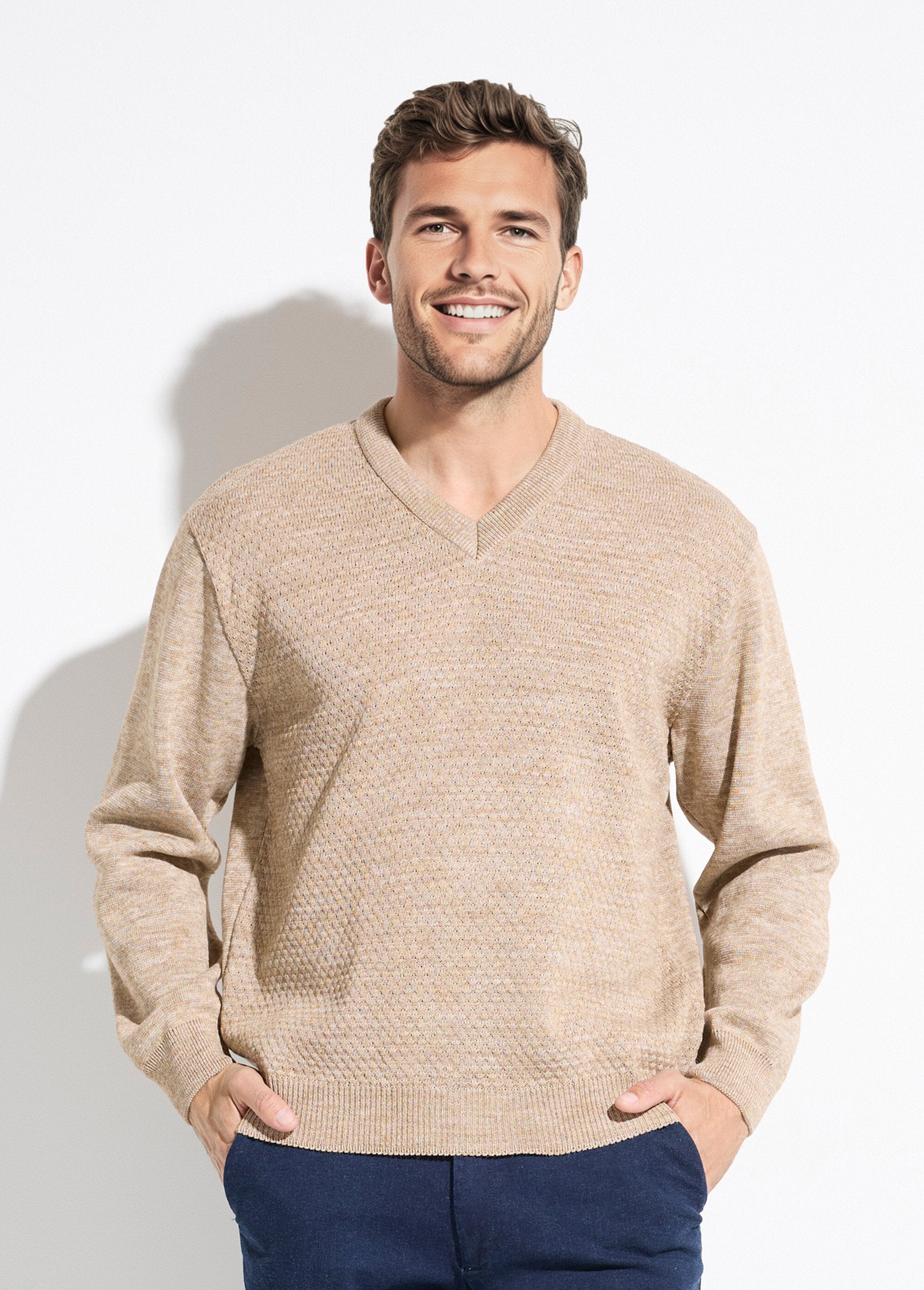 Pull_maille_fantaisie_laine_col_V_manches_longues_Beige_FA1_slim