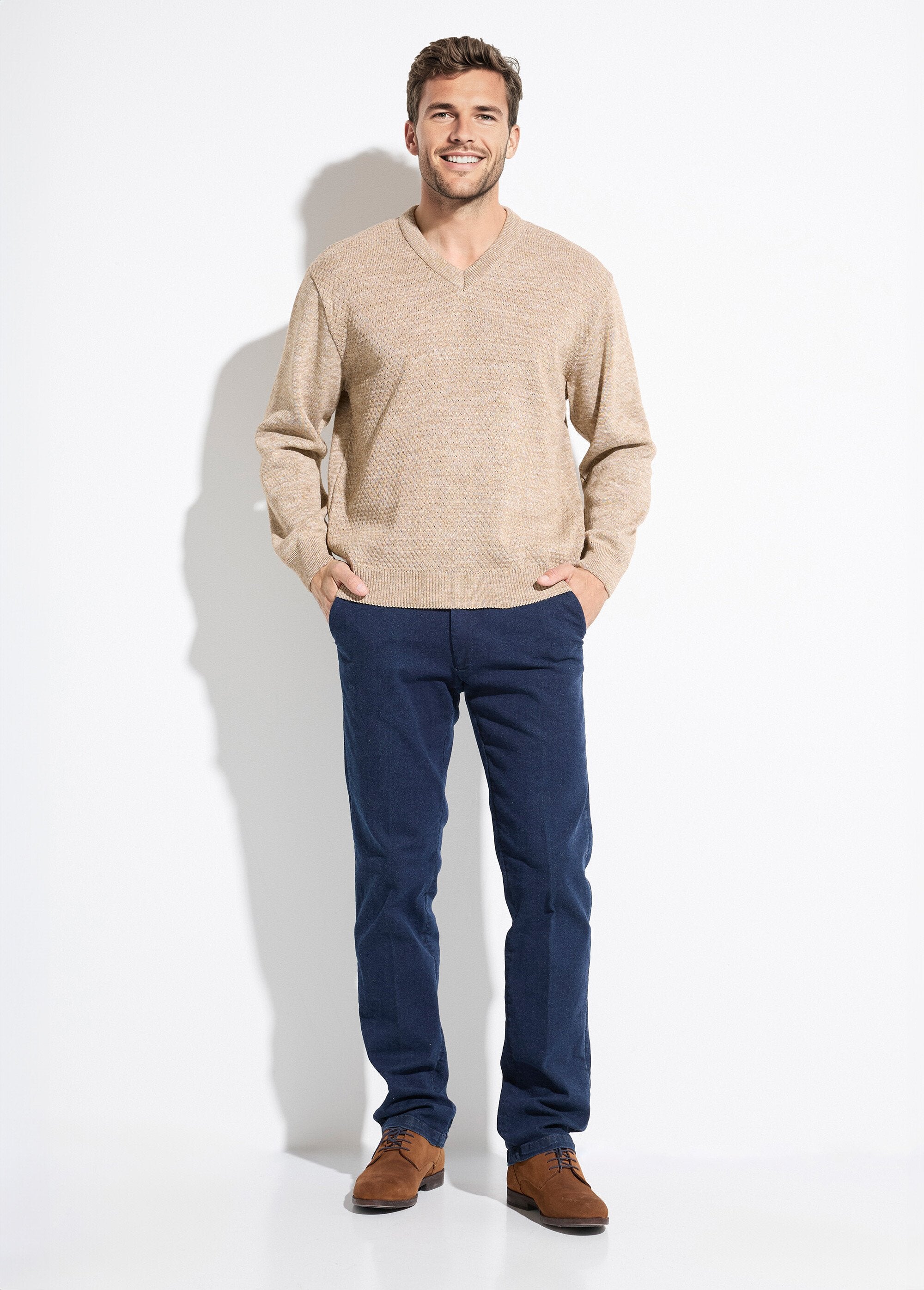 Pull_maille_fantaisie_laine_col_V_manches_longues_Beige_SF1_slim