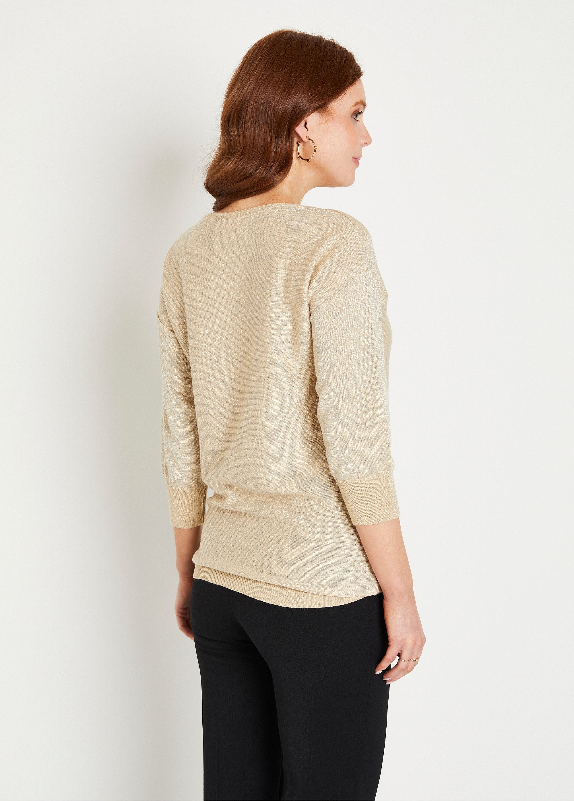 Plain_shiny_mid-length_sweater_3/4_sleeves_boat_neck_Iridescent_beige_DO1_slim