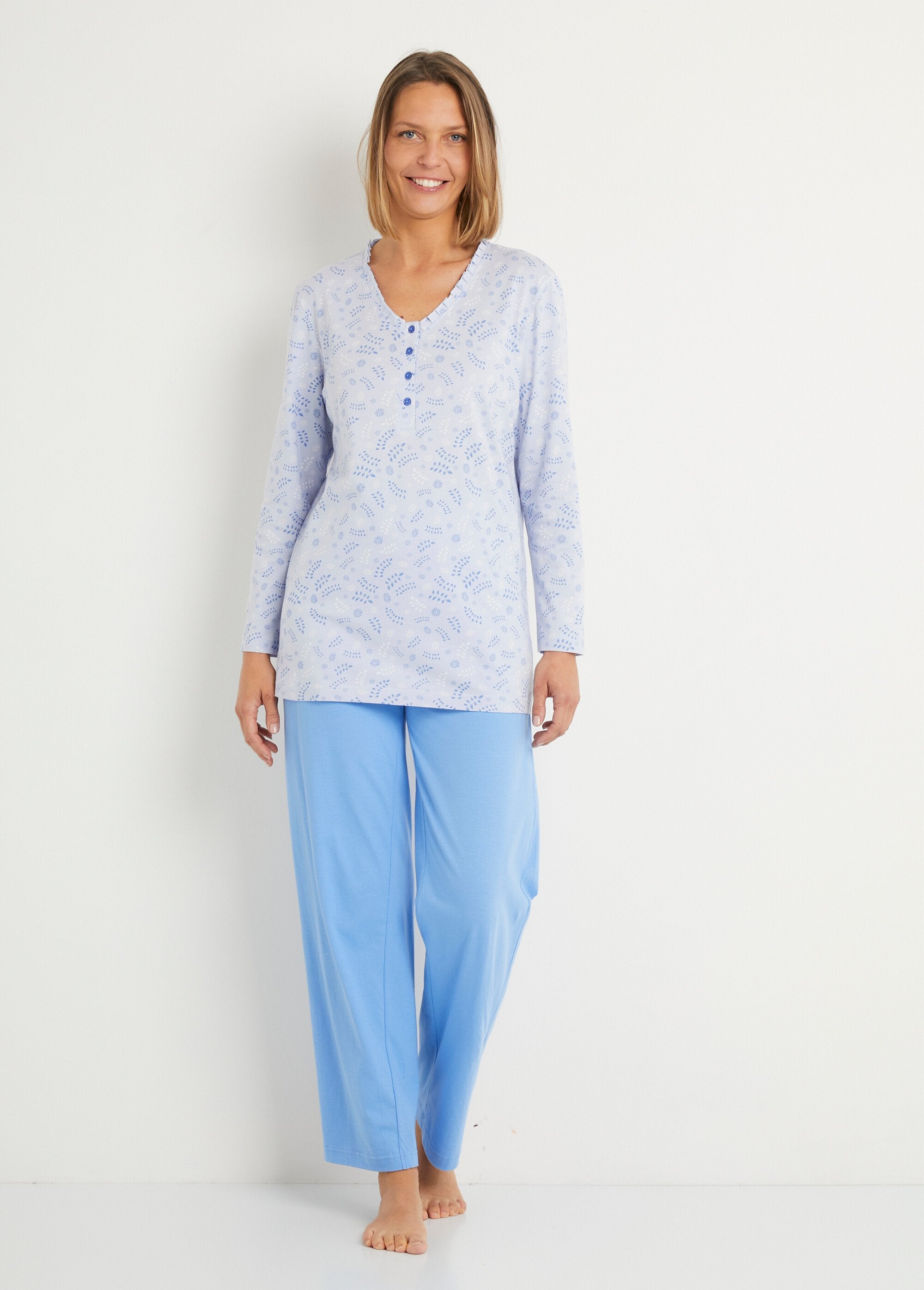 Printed_long-sleeved_cotton_button-down_pyjamas_Blue_print_FA1_slim