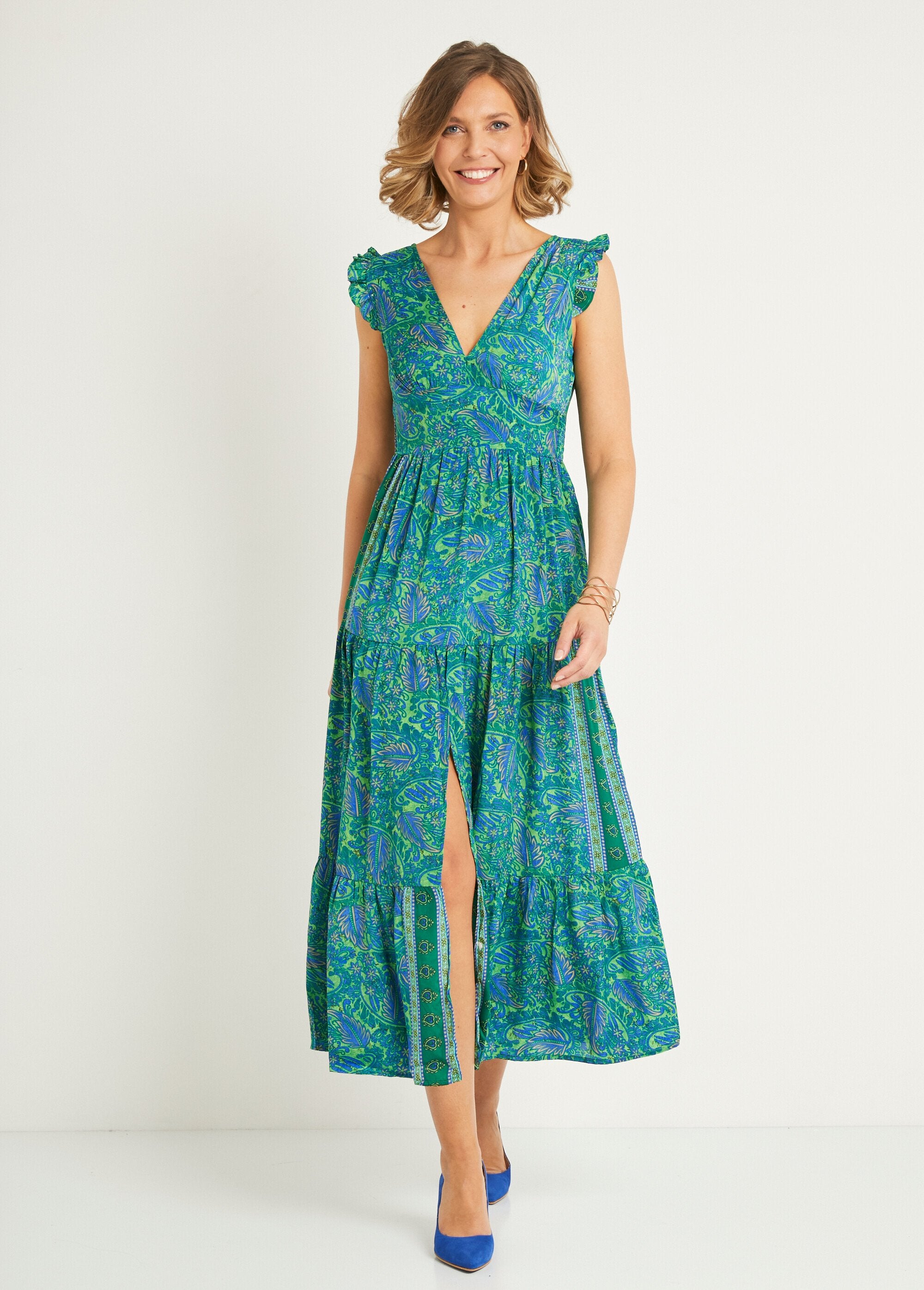 Long_ruffled_dress_with_short_sleeves_Green_and_blue_FA1_slim