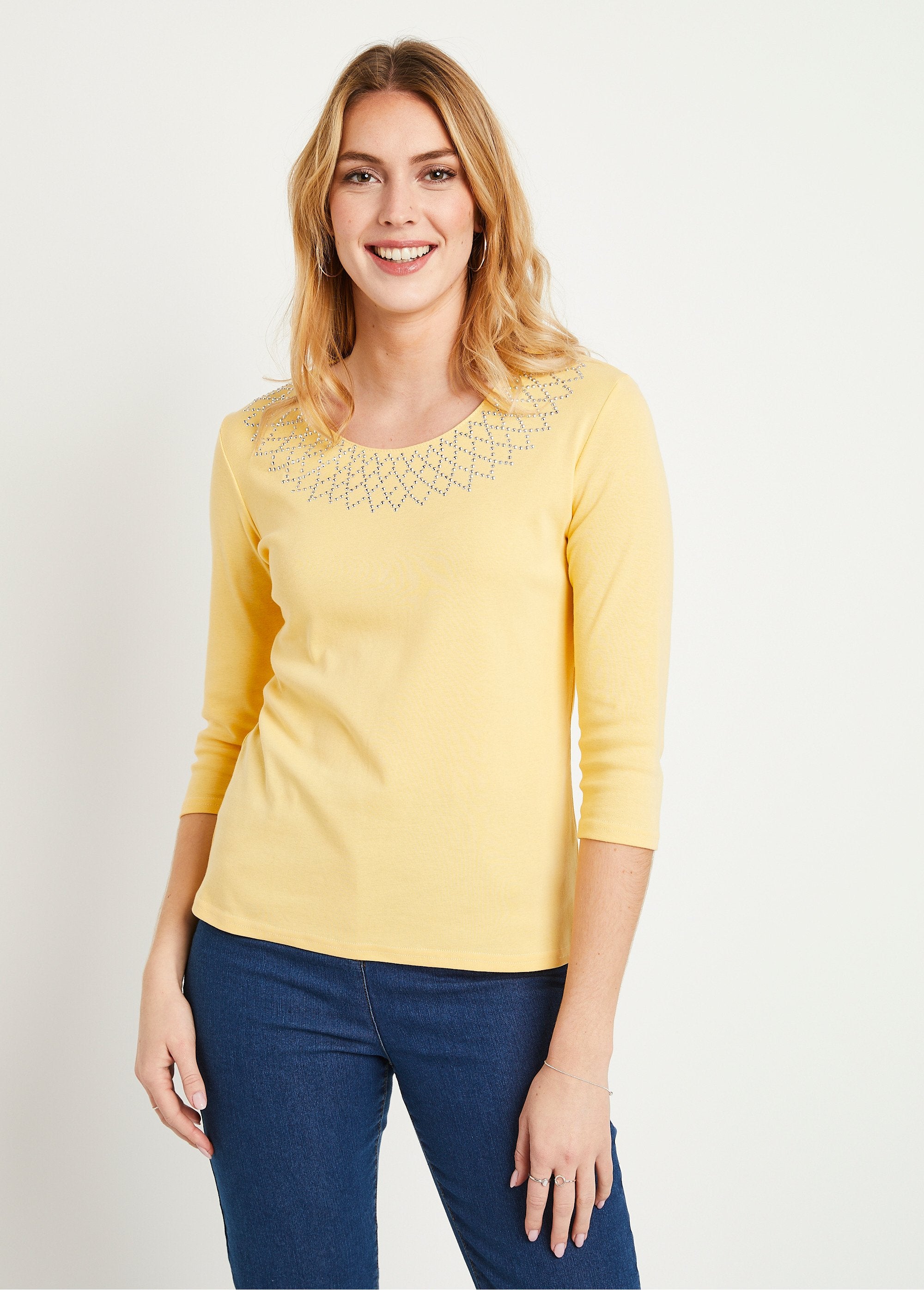 Fancy_studded_3/4_sleeve_t-shirt_YELLOW_FA1_slim