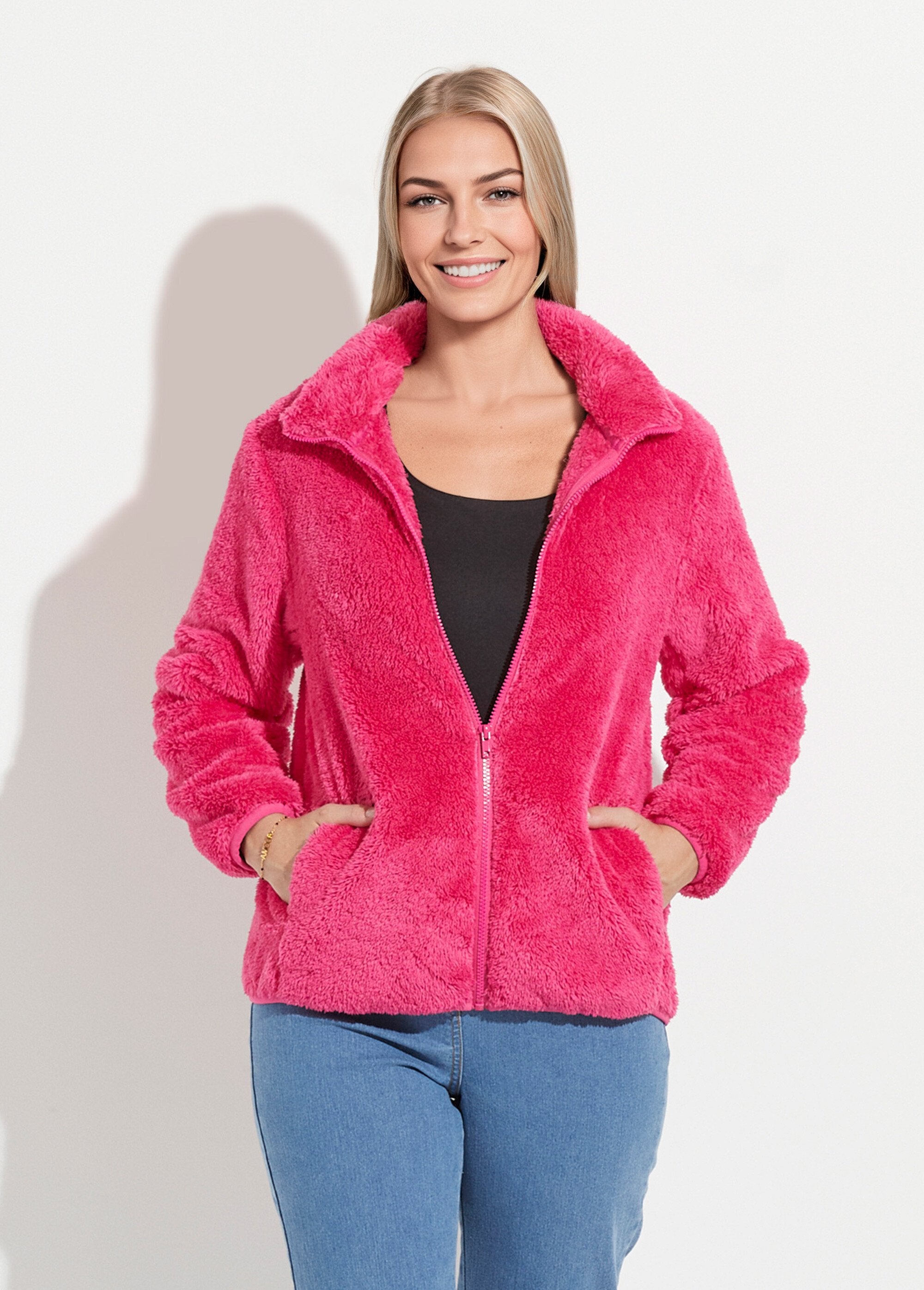 Veste_fausse_fourrure_col_montant_manches_longues_Fuchsia_FA1_slim
