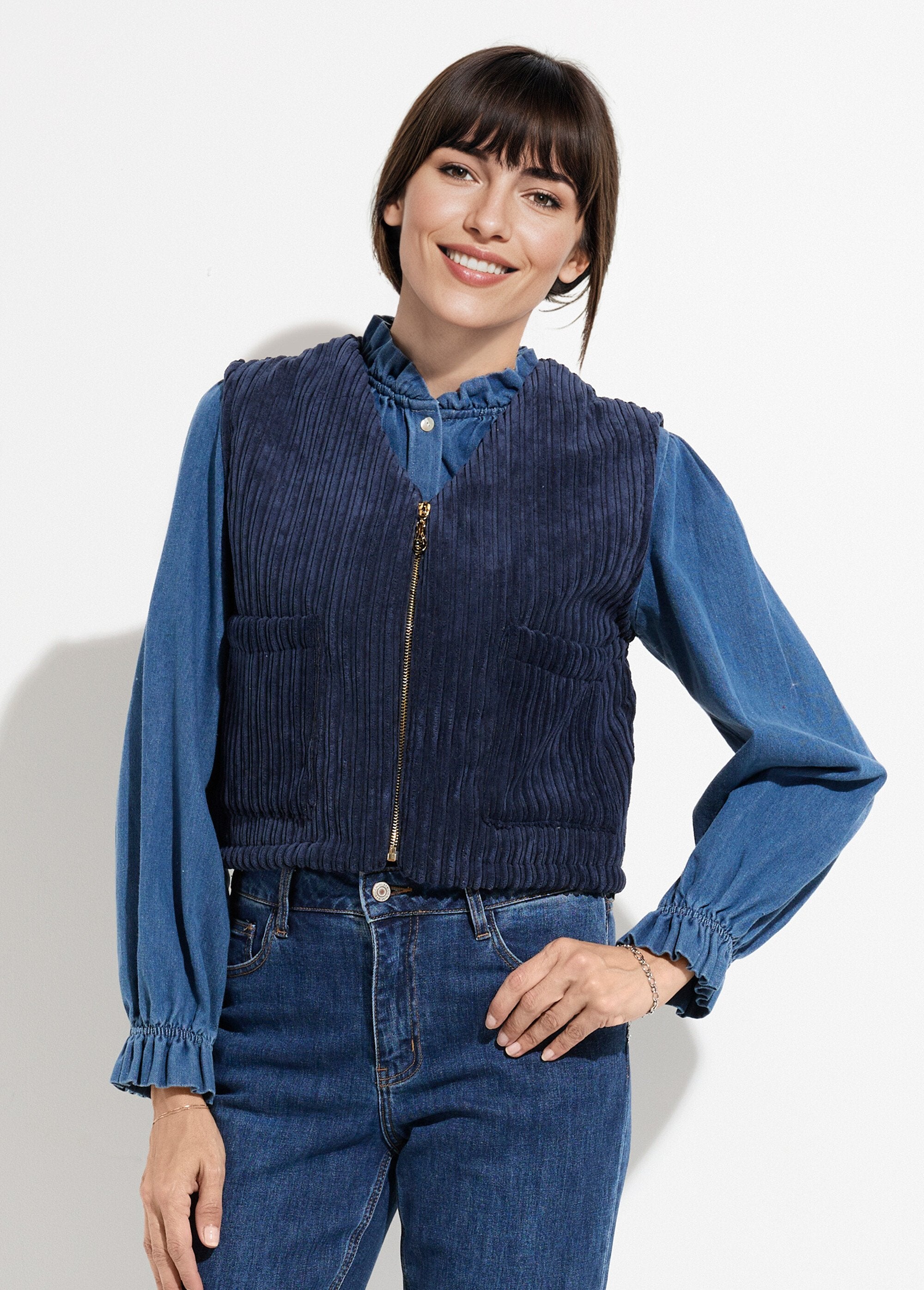 Veste_zippée_col_V_sans_manches_velours_Marine_FA1_slim